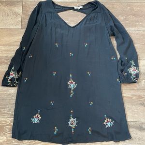 Rebellion embroidered boho floral black long sleeve oversize knee length dress L